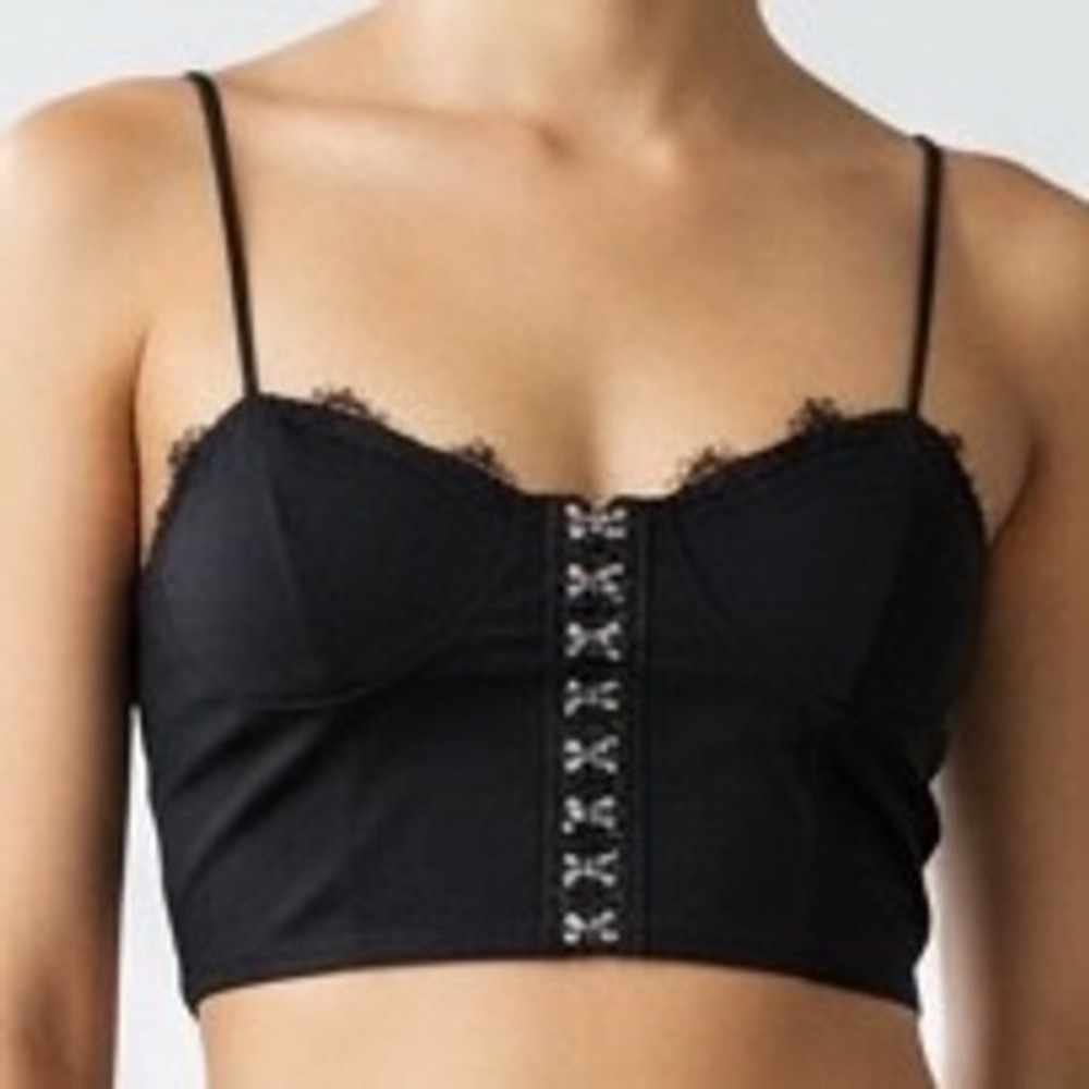 Black Lace Trim Hook and Eye Front Bustier Crop Top Large goth dark academia‎